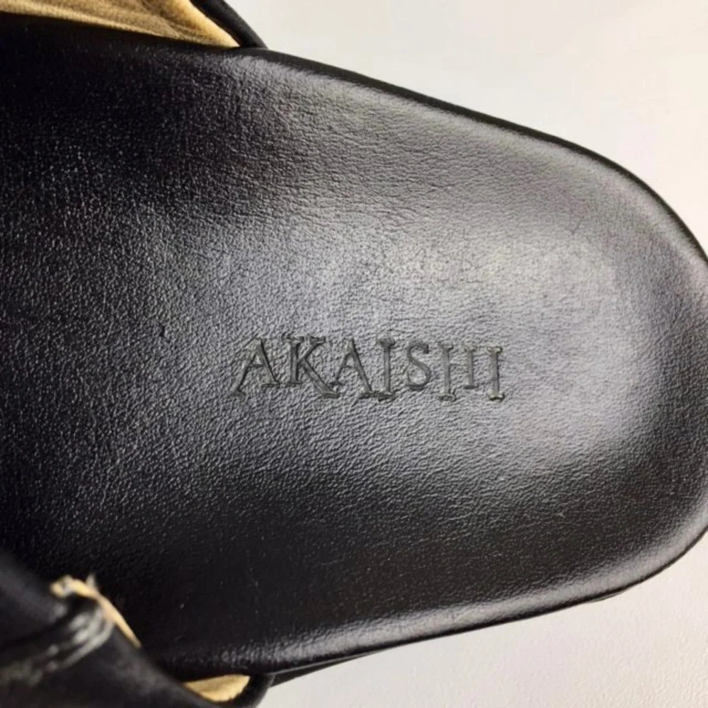 Akaishi Womens Black Heeled Slides Sandals Strappy Chunky Slip On Comfort size 7